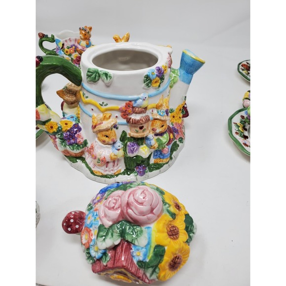 Springtime Tea Set 19pc Set New Open Box Rabbits Bunny Working Set - Picture 11 of 14